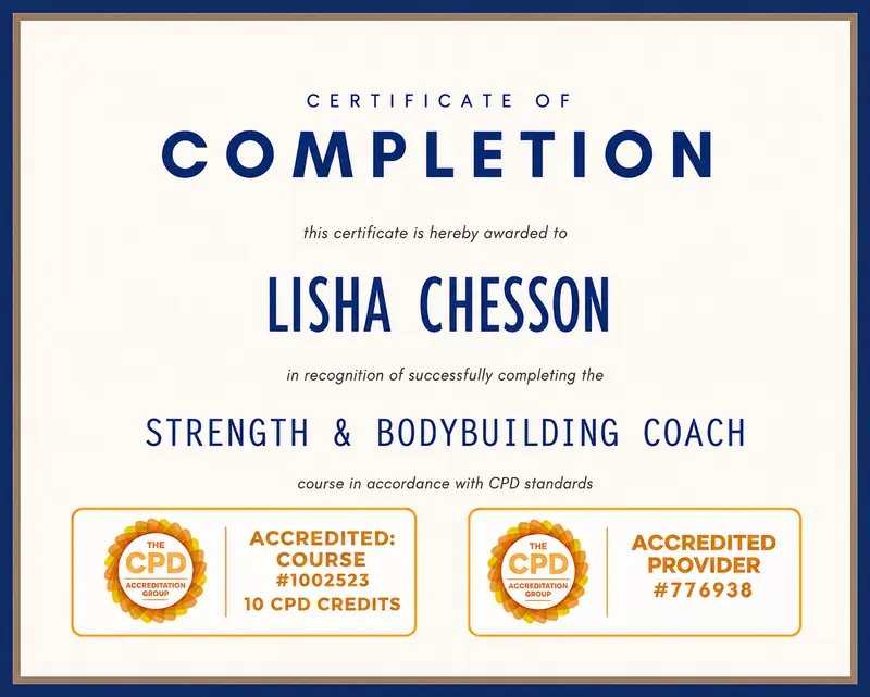 Lisha Chesson — CPD-accredited Strength & Bodybuilding Coach certificate